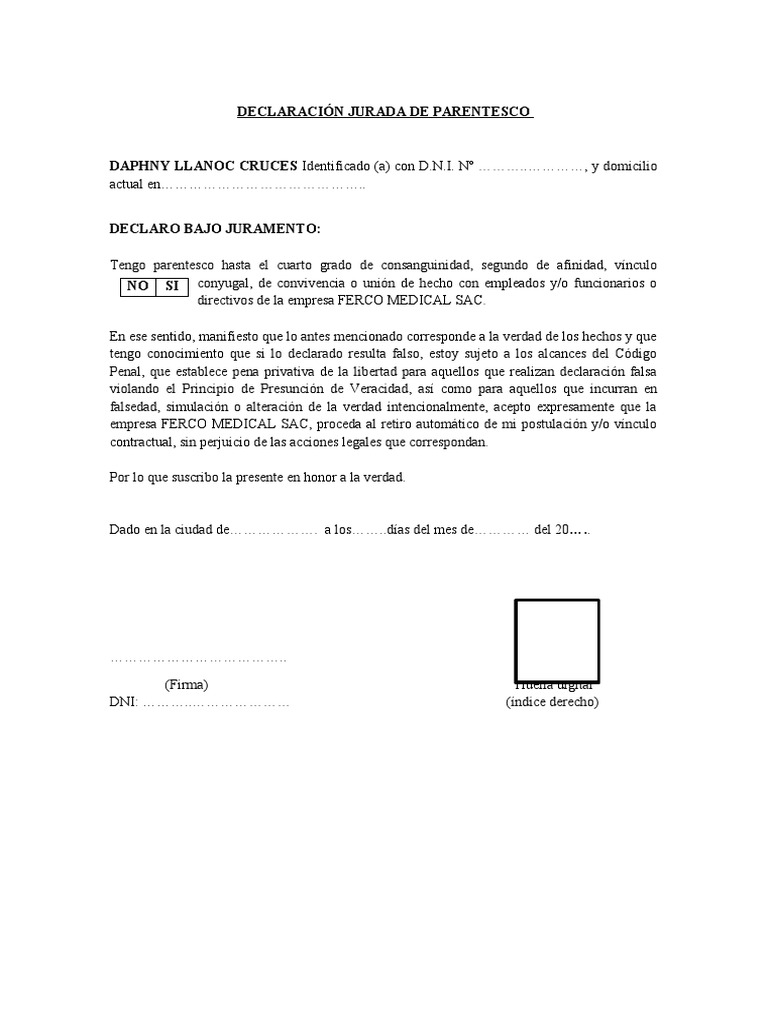 MODELO Declaracion Jurada Parentesco | PDF