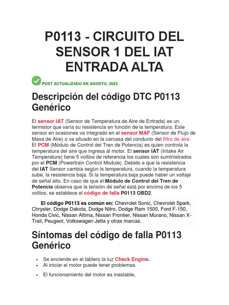 Código P0113: Fallas y Soluciones IAT | PDF | Conector eléctrico | Sensor