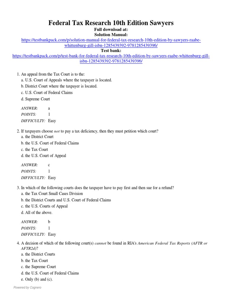 Federal Tax Research 10th Edition Sawyers Test Bank 1 PDF United States Tax Court United