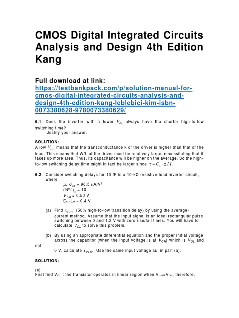 CMOS Digital Integrated Circuits Analysis and Design 4th Edition Kang Solutions Manual Download