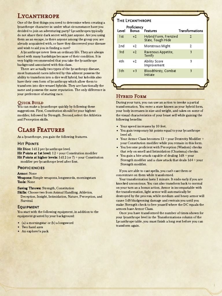 Lycanthrope Class PDF Werewolves