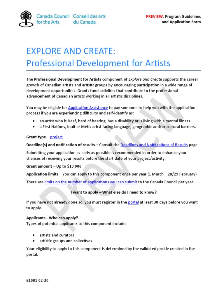 Explore and Create Professional Development For Artists Application