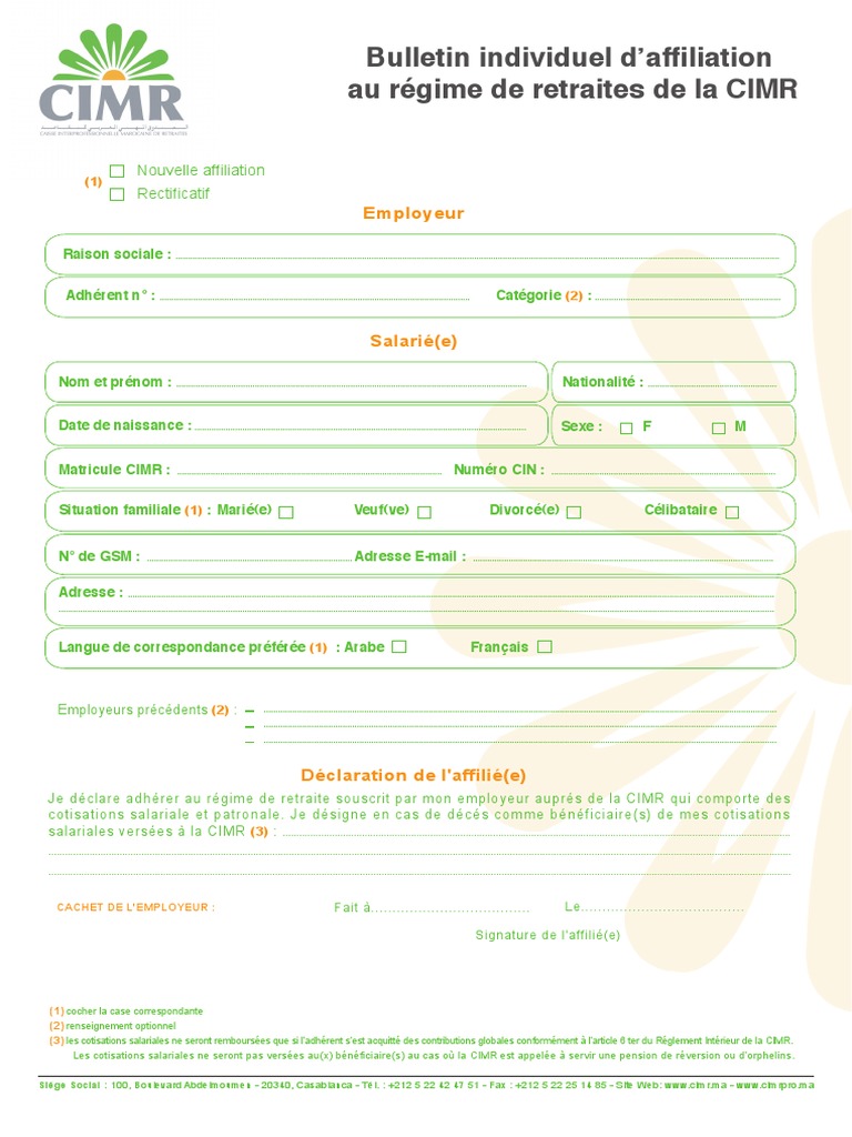 Bulletin d'affiliation CIMR retraite | PDF | Retraite | Travail