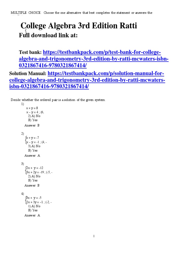 College algebra 3rd edition ratti test bank download pdf