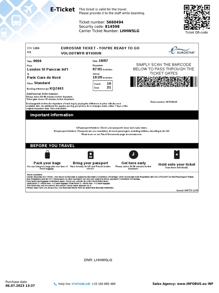 Eurostar Ticket Confirmation | PDF
