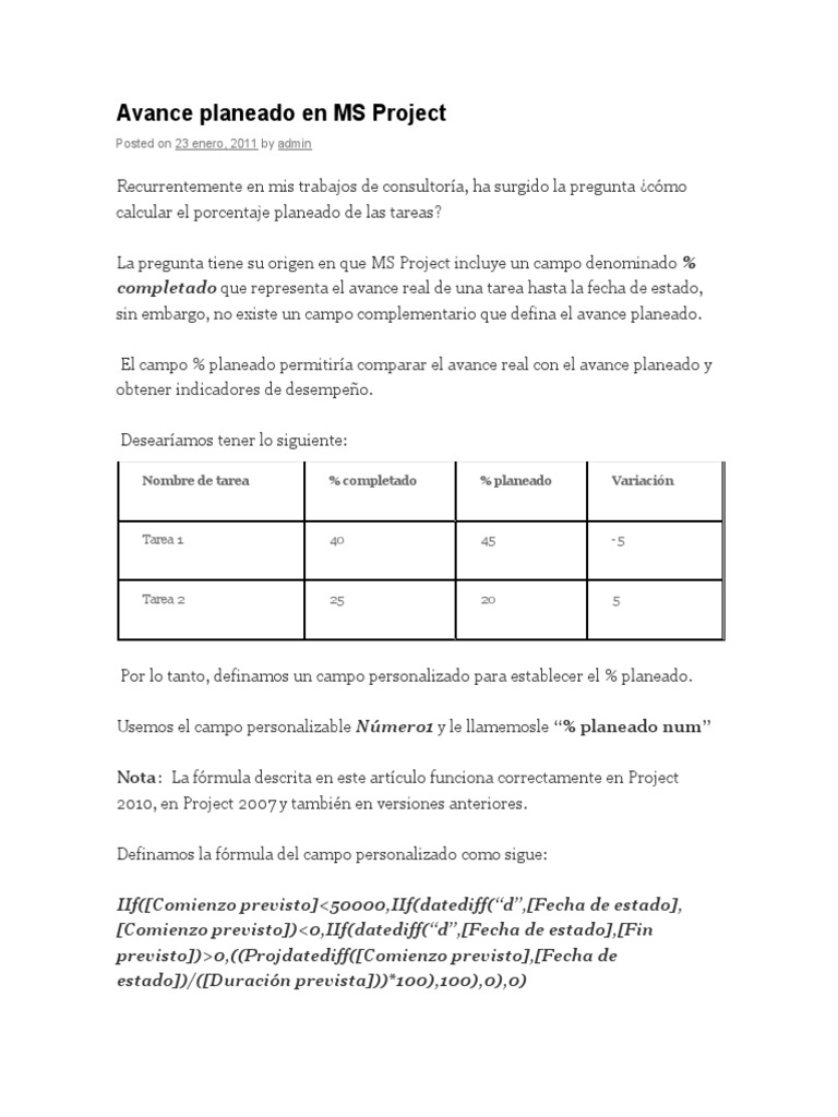 Avance Planeado en MS Project | PDF