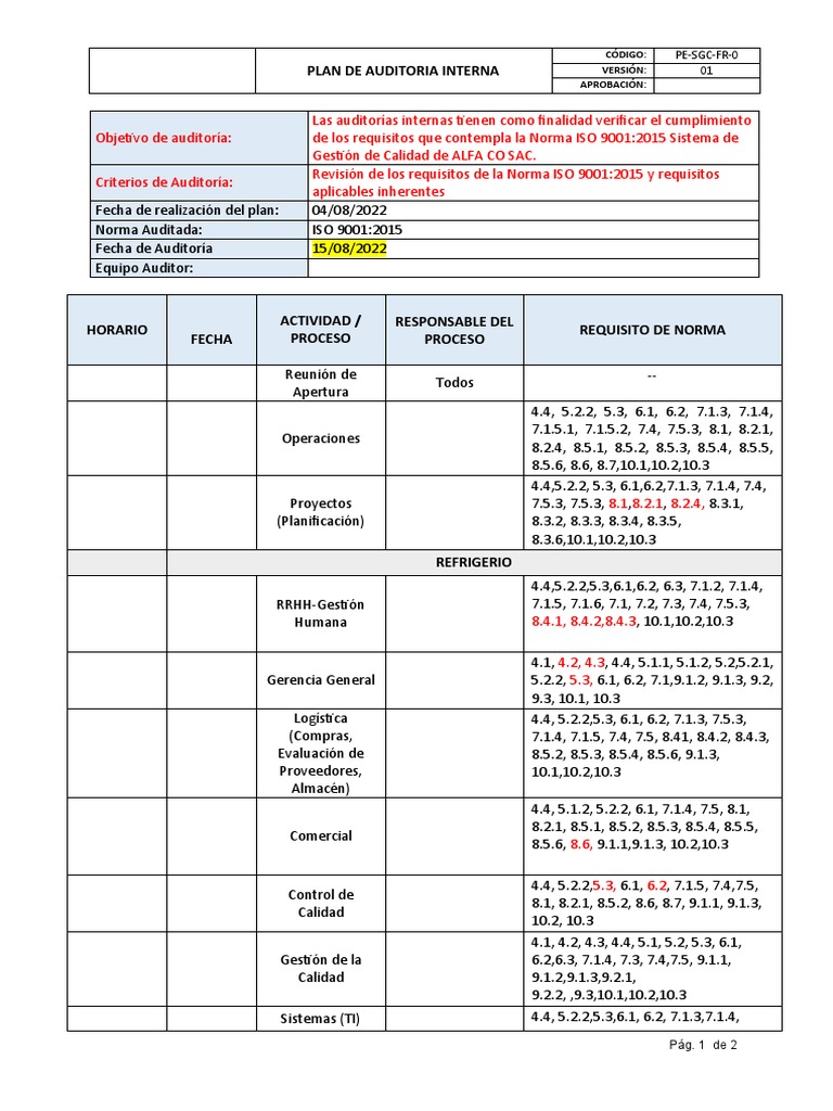 Plan de Auditoria Interna v1 | PDF | Auditoría | Procesos de negocio