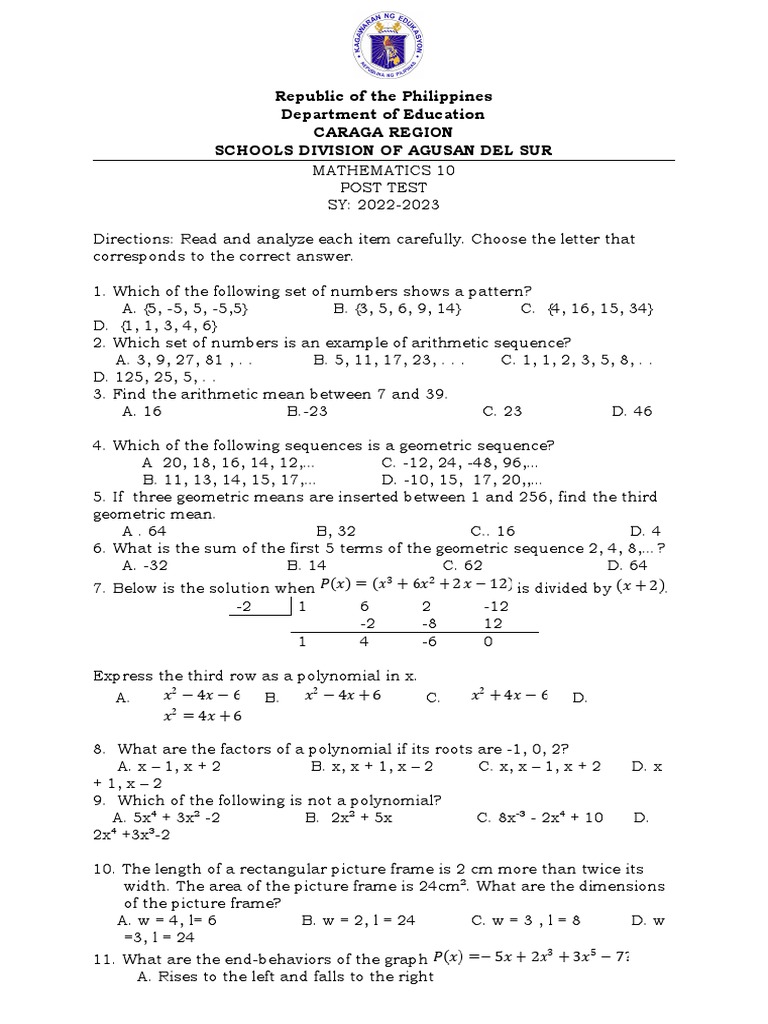 Mathematics 10 Post Test 2022-2023 | PDF | Circle | Trigonometric Functions