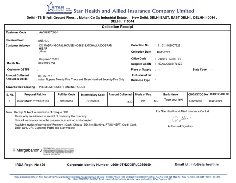 Star Health Premium Collection Receipt | PDF | Finance & Money Management