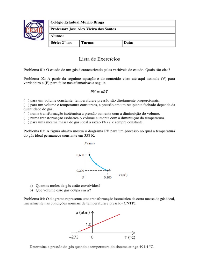Lista de Exercícios - Estudo Dos Gases | PDF