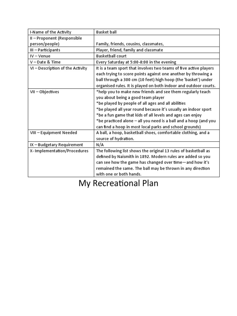 My Recreational Plan PDF