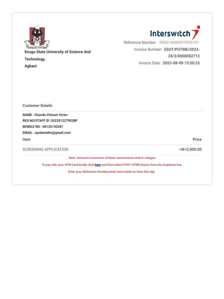 Victor Post Utme Invoice | PDF