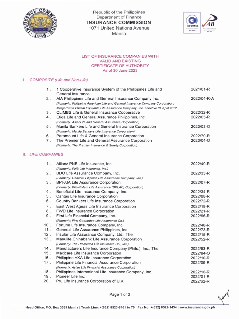 List of Insurance Companies With Valid and Existing CA As of 30 June ...