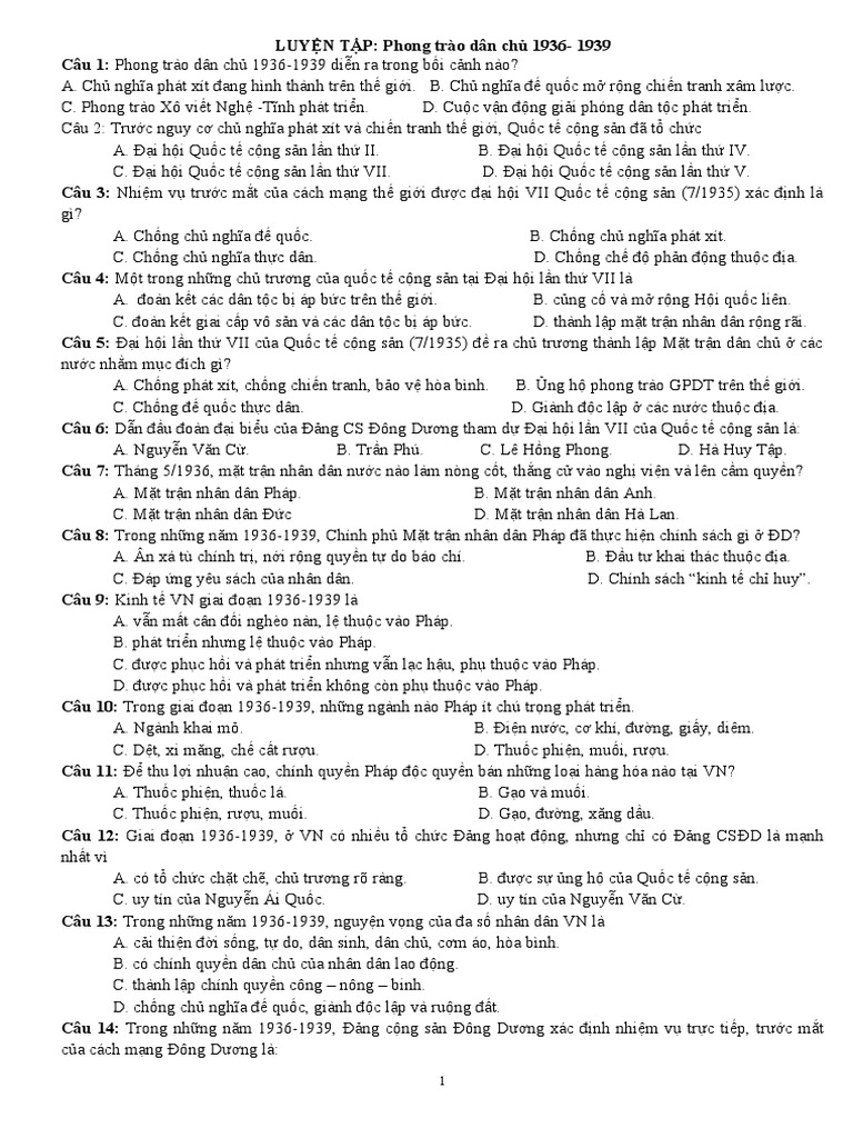 Câu Hỏi Trắc Nghiệm Lịch Sử Việt Nam Từ 1930 1945 | PDF