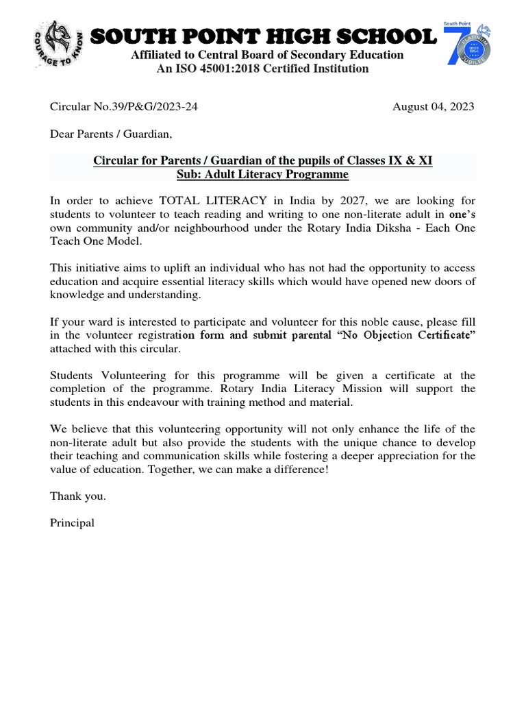 South Point High School Adult Literacy Programme 202324 PDF