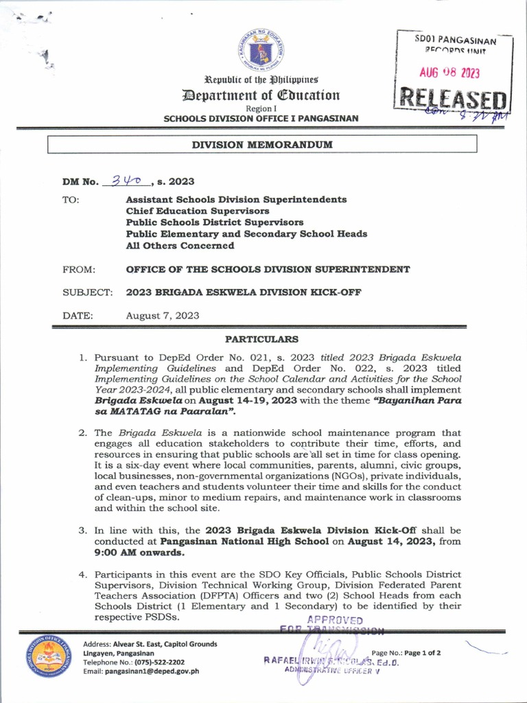 DM340s2023-2023 Brigada Eskwela Division Kick-Off | PDF