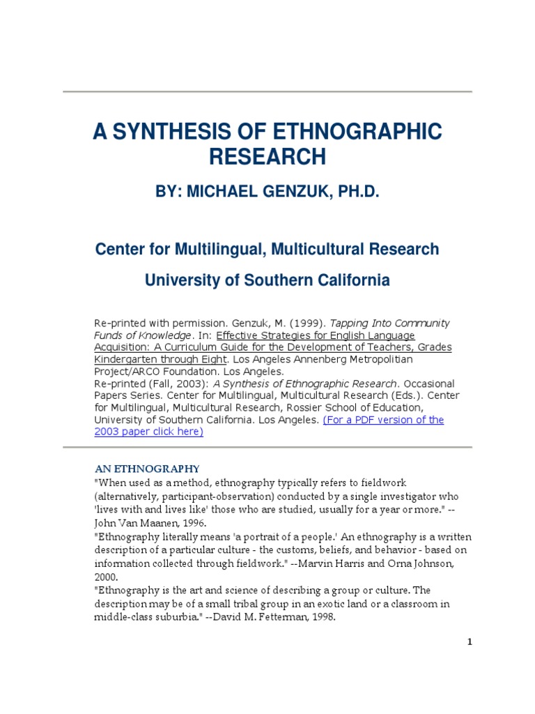 a synthesis of ethnographic research