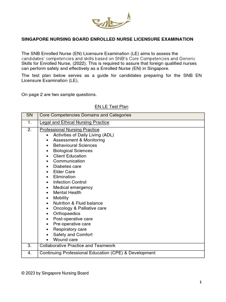 SNB Enrolled Nurse Exam Guide | PDF