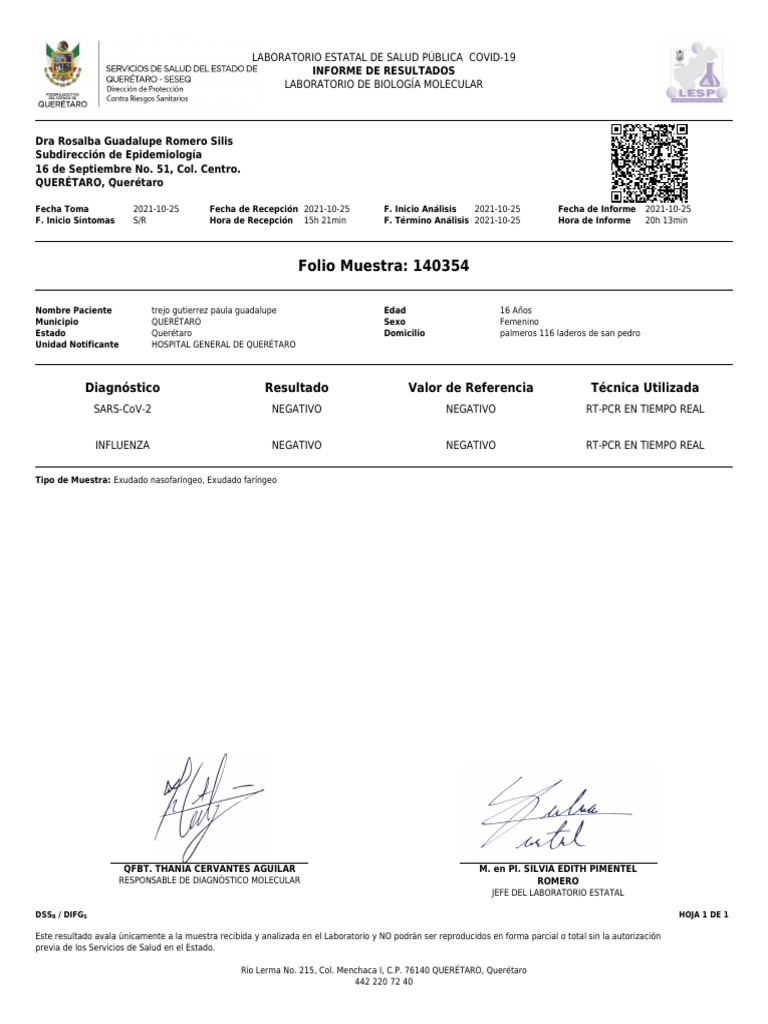Folio Muestra: 140354: Diagnóstico Resultado Valor de Referencia ...