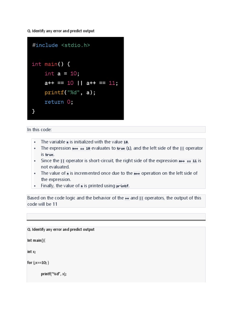 Q. Identify Any Error and Predict Output: A 10 A++ 10 True 1 - True ...