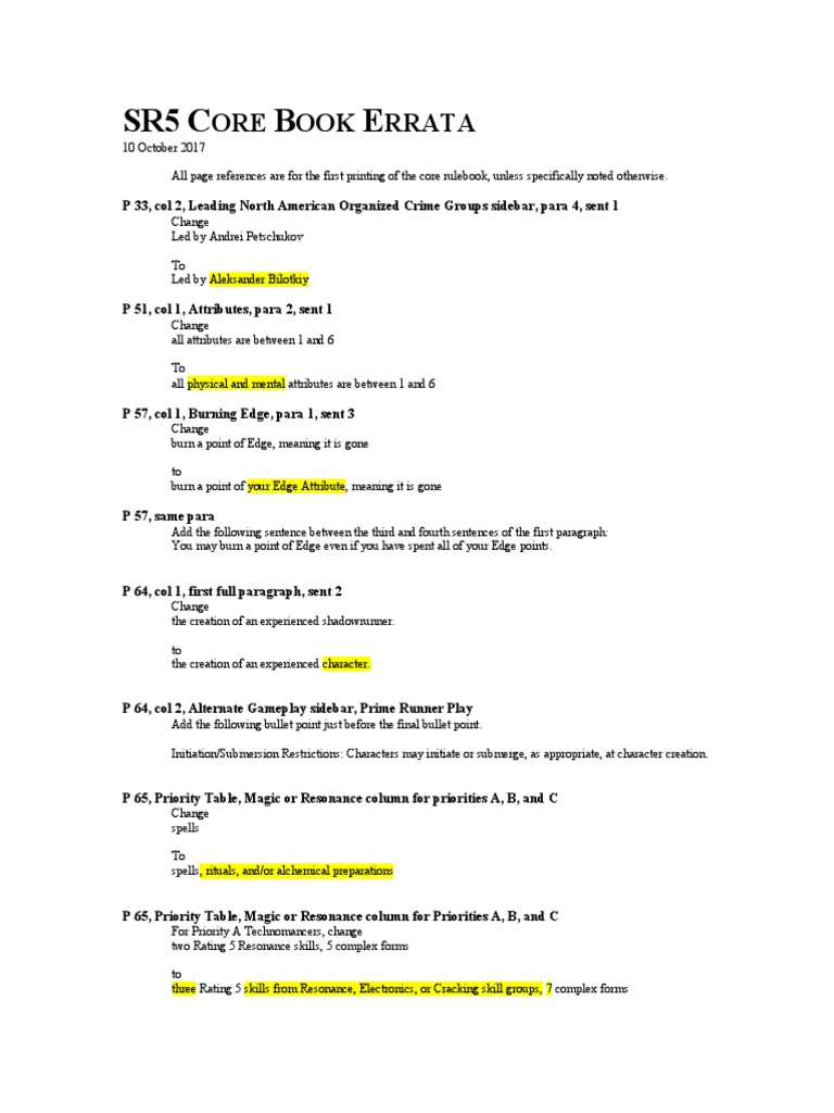 SR5 Core Rulebook Errata Summary | PDF | Computers | Technology ...