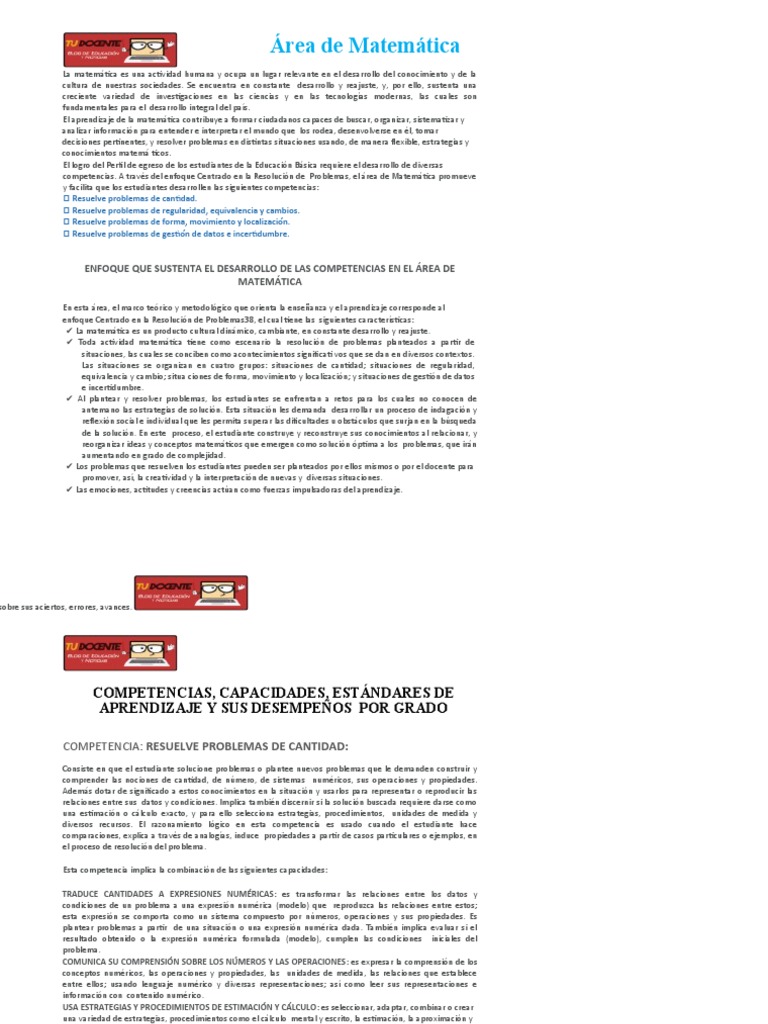 AREA de MATEMATICA Competencias Capacidades y Desempeños | PDF