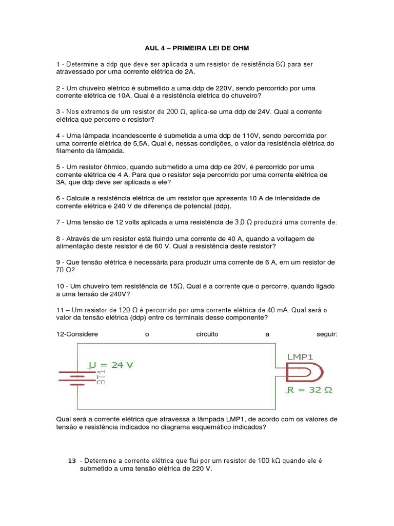 Exercícios sobre a Primeira Lei de Ohm | PDF | Casa e Jardim | Ciências ...
