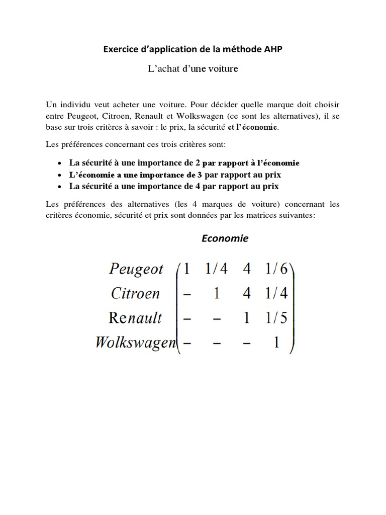 Application de la méthode AHP pour l'achat d'une voiture | PDF