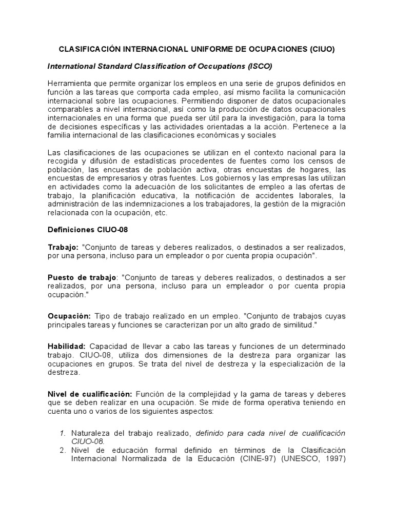 Clasificación Internacional Uniforme de Ocupaciones (Ciuo) PDF