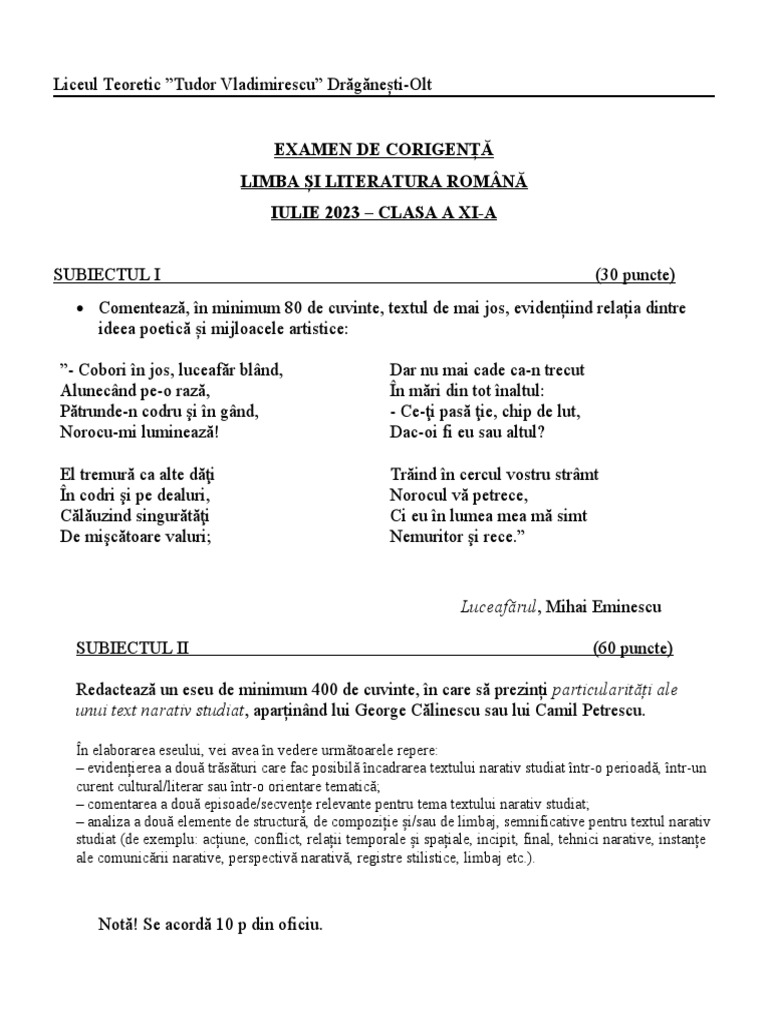 Examen Corigenta Lb.. Romana PDF