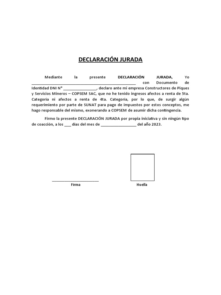 DECLARACIÓN JURADA de No Tener Renta 4ta Ni 5ta. | PDF