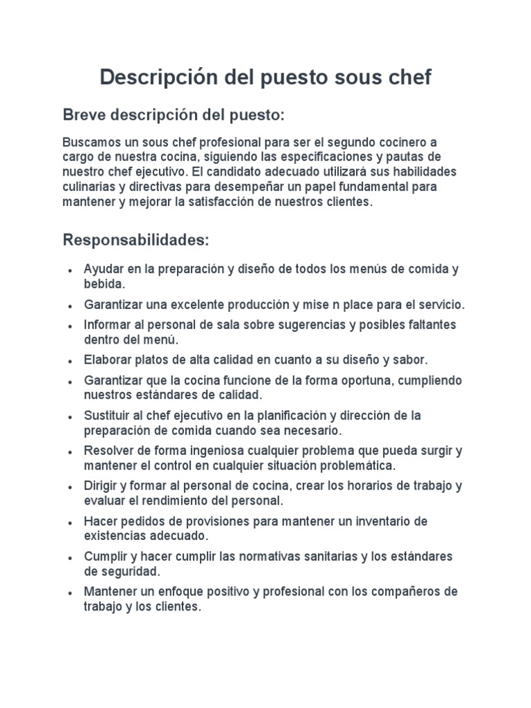 Descripción Del Puesto Sous Chef | PDF