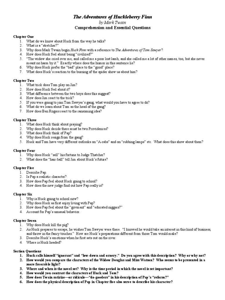 Huckleberry Finn Comprehension and Essential Questions PDF