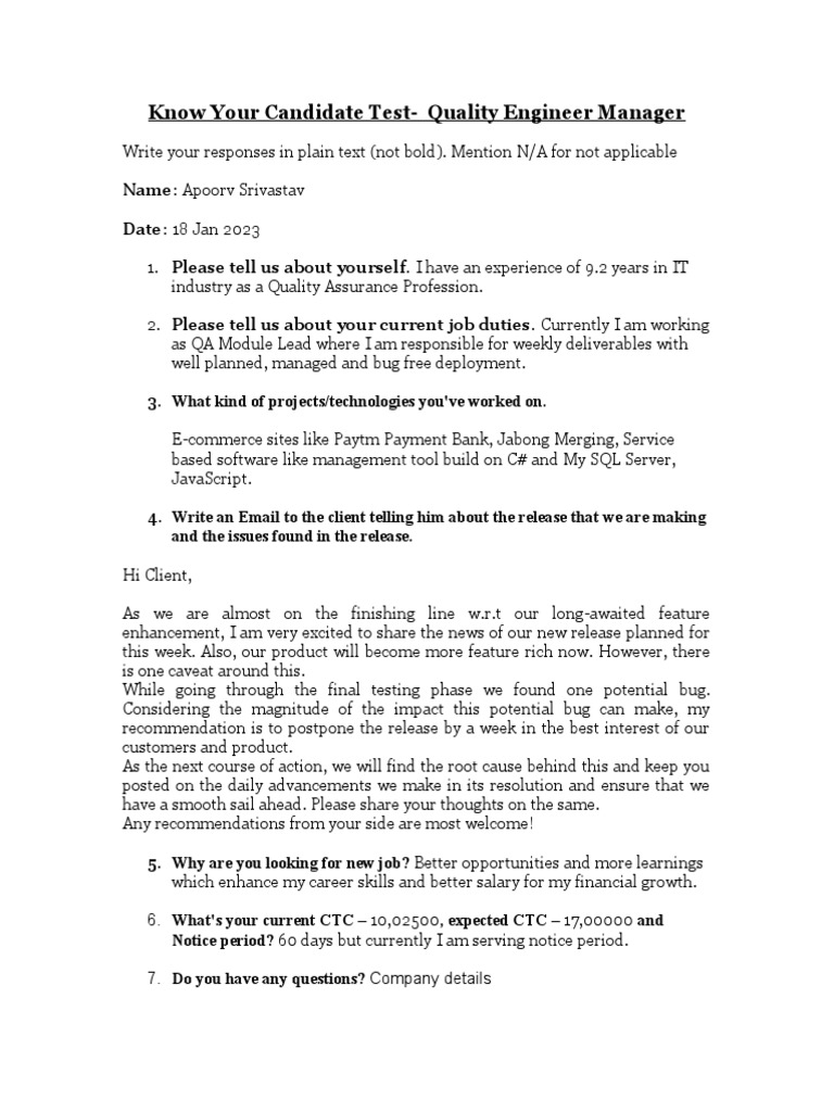 KYC Test - Quality Engineer Manager | PDF