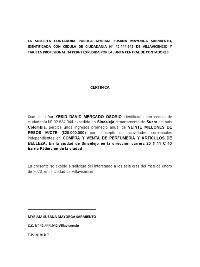 Modelo de Certificacion de Ingresos Yesid Mercado | PDF