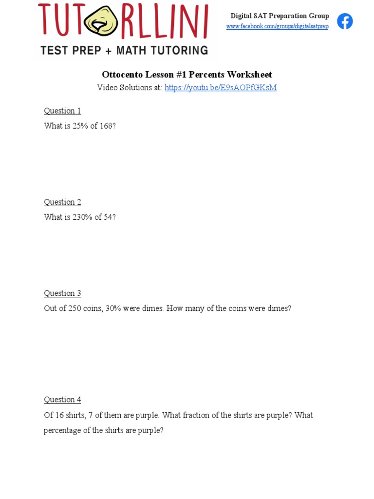Ottocento SAT Percent Practice Worksheet | PDF