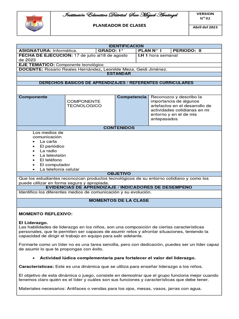 Plan de Clase #1, Iii Periodo, 1° Informatica 2023 | PDF | Liderazgo ...