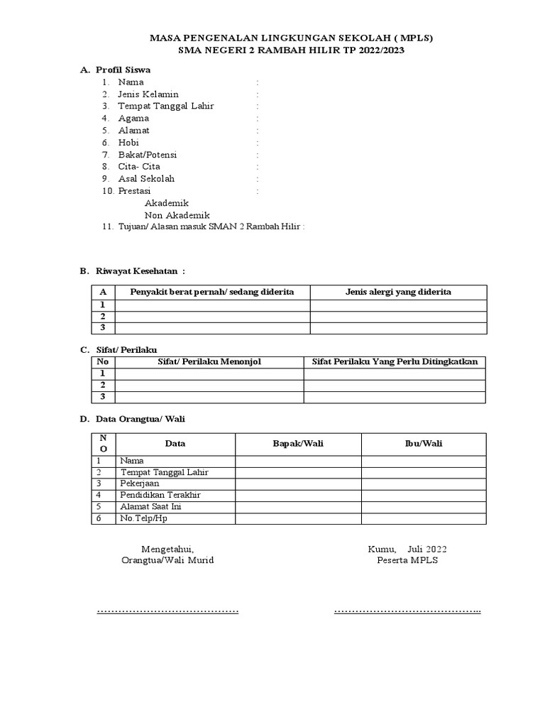 Formulir Peserta Mpls 2022 | PDF