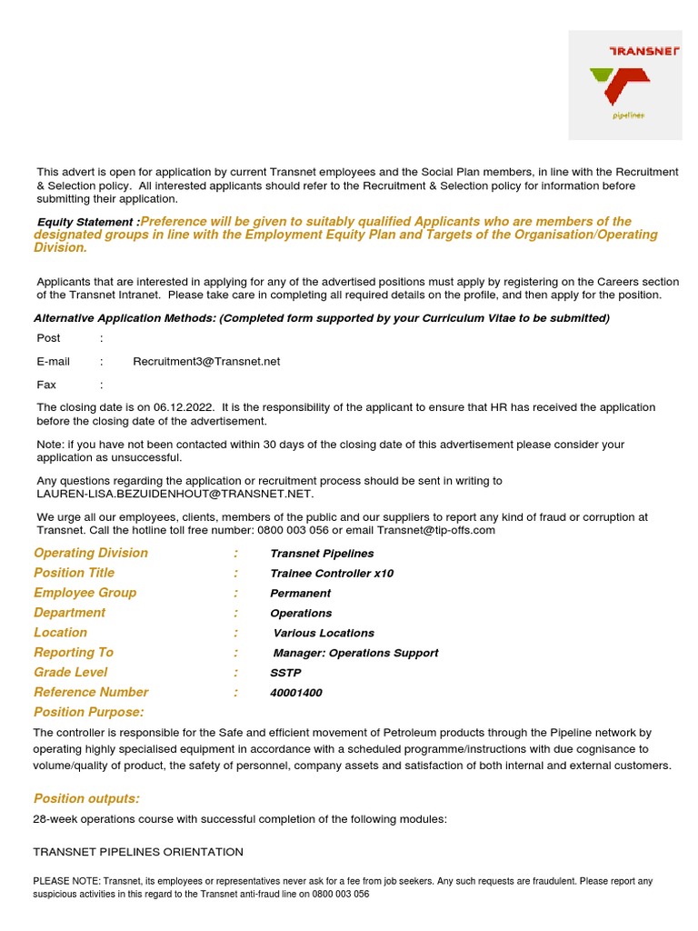 Transnet Trainee Controller Job Opening | PDF