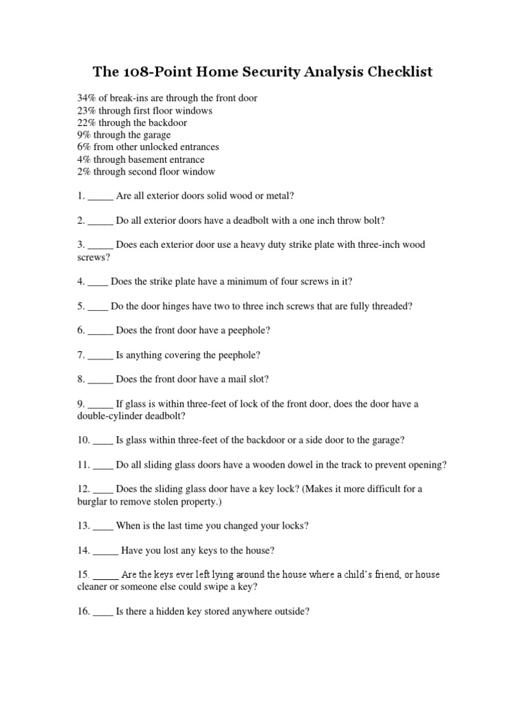 108-Point Home Security Checklist | PDF | Equipment