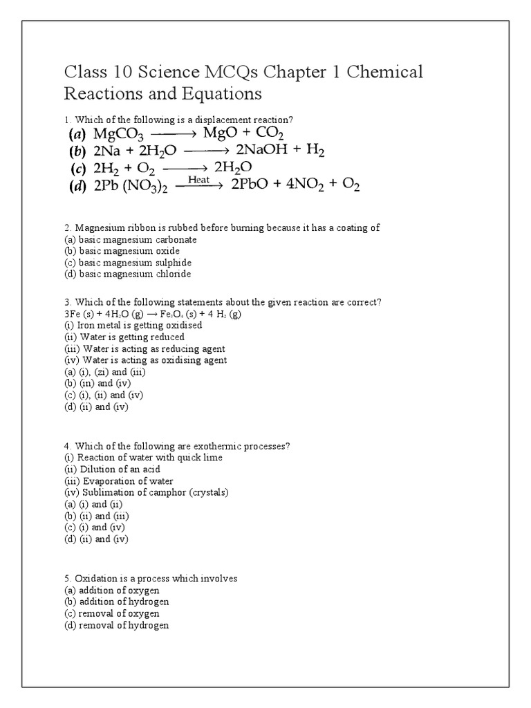 MCQ Chemical Equations PDF Oxide Chemical Reactions