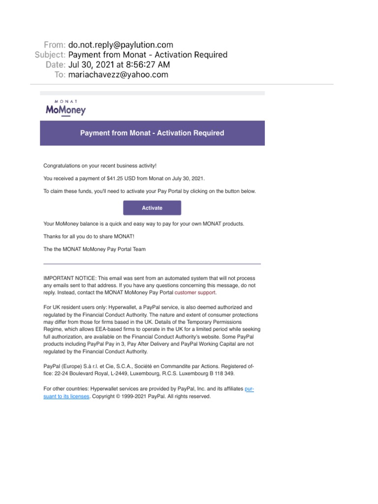 Payment From Monat - Activation Required | PDF | Business