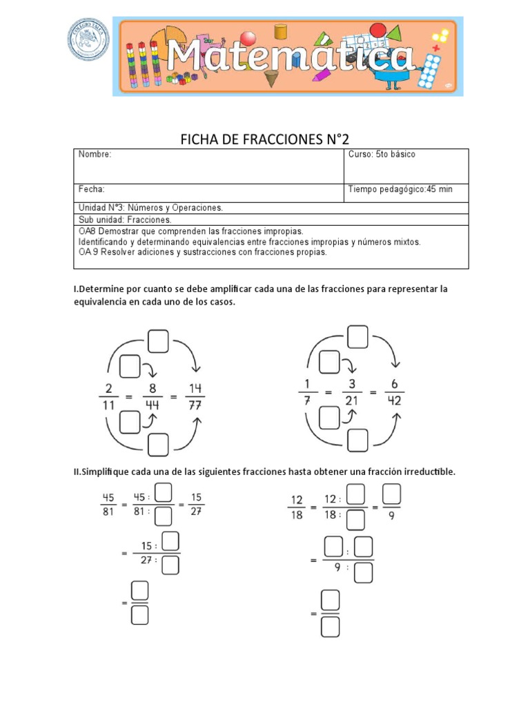 Ejercicios de Fracciones para 5to Básico | PDF
