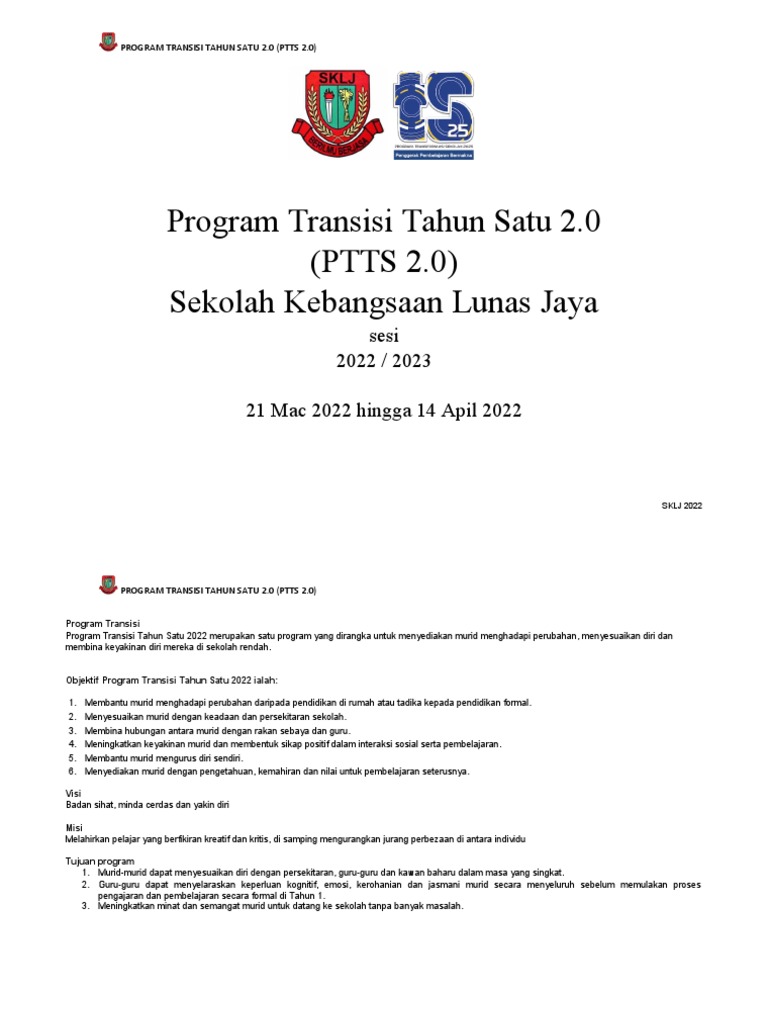 Kertas Kerja Program Transisi Tahun 1 2.0 SKLJ 2022 2023 | PDF
