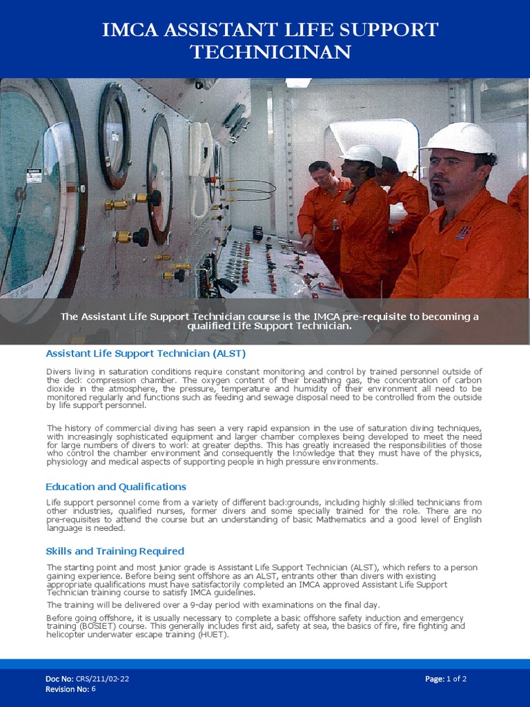 IMCA Assistant Life Support Technician Course | PDF | Underwater Diving ...