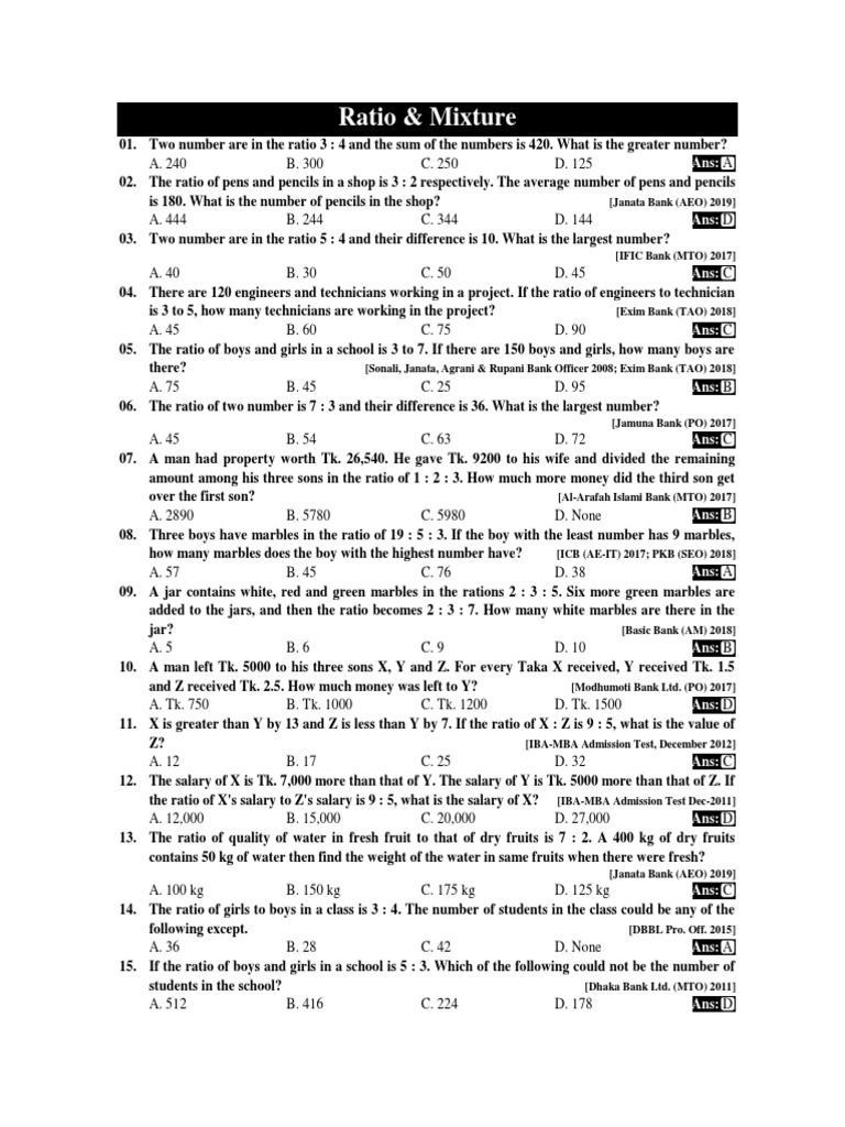 Ratio and Proportion Math Questions | PDF | Gold | Water