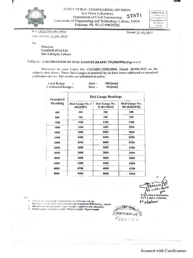 Dial Gauges Calibration Certificate PDF