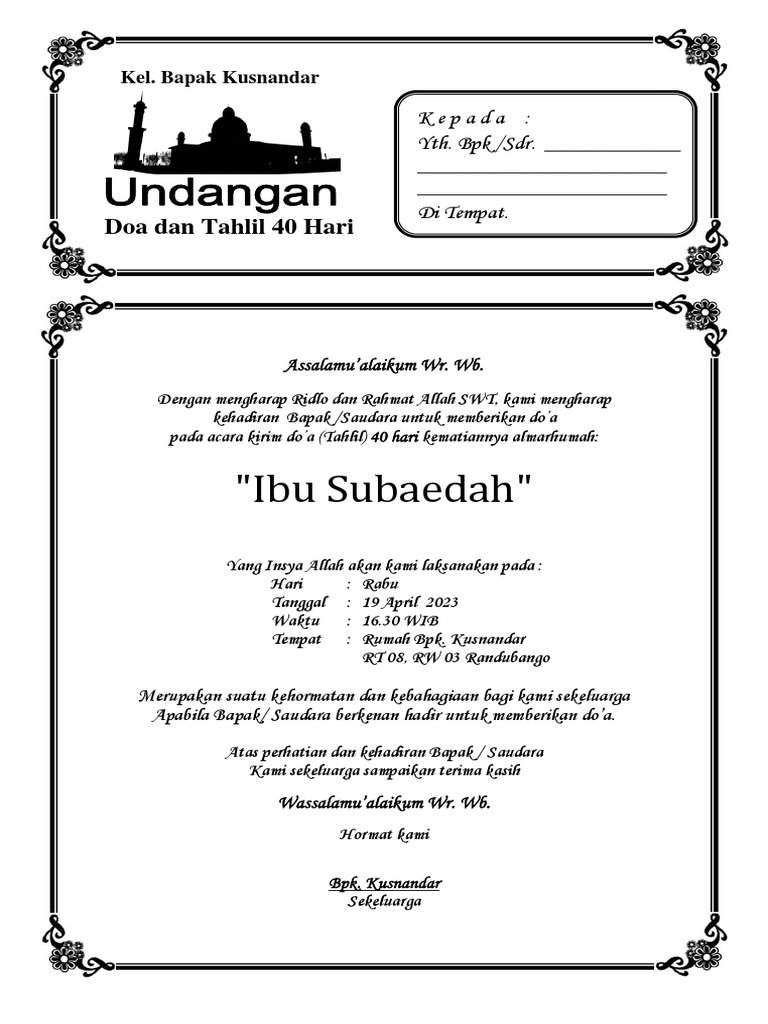 Undangan Tahlil 40 Hari Ibu Subaedah | PDF