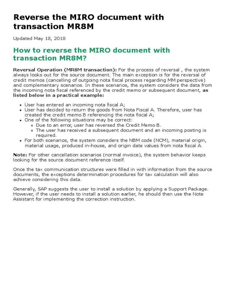 Reversing MIRO Documents in SAP with MR8M | PDF | Finance & Money ...