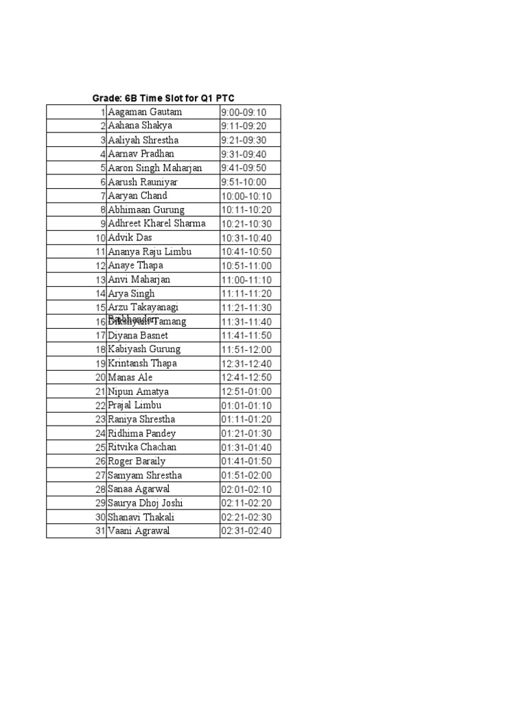 Grade 6B Q1 PTC Schedule | PDF | Religion & Spirituality